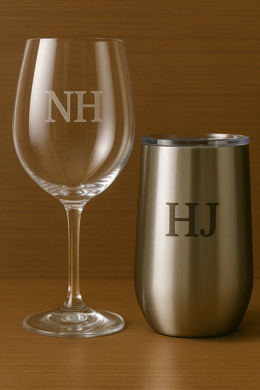 Laser engraved wine glasses and tumblers for Father's Day gifts