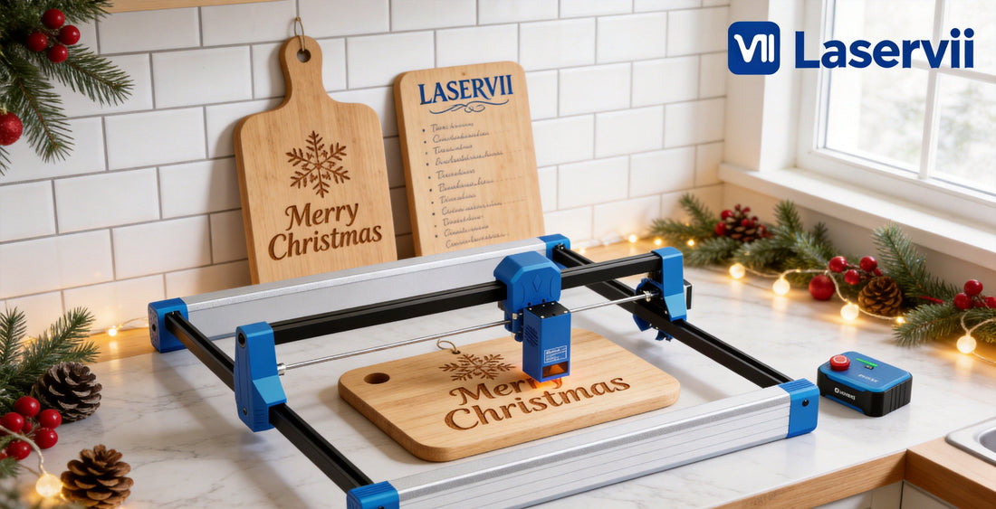 Holiday laser engraved cutting boards made with the official Laservii L1 Plus open-frame laser engraver on a kitchen counter